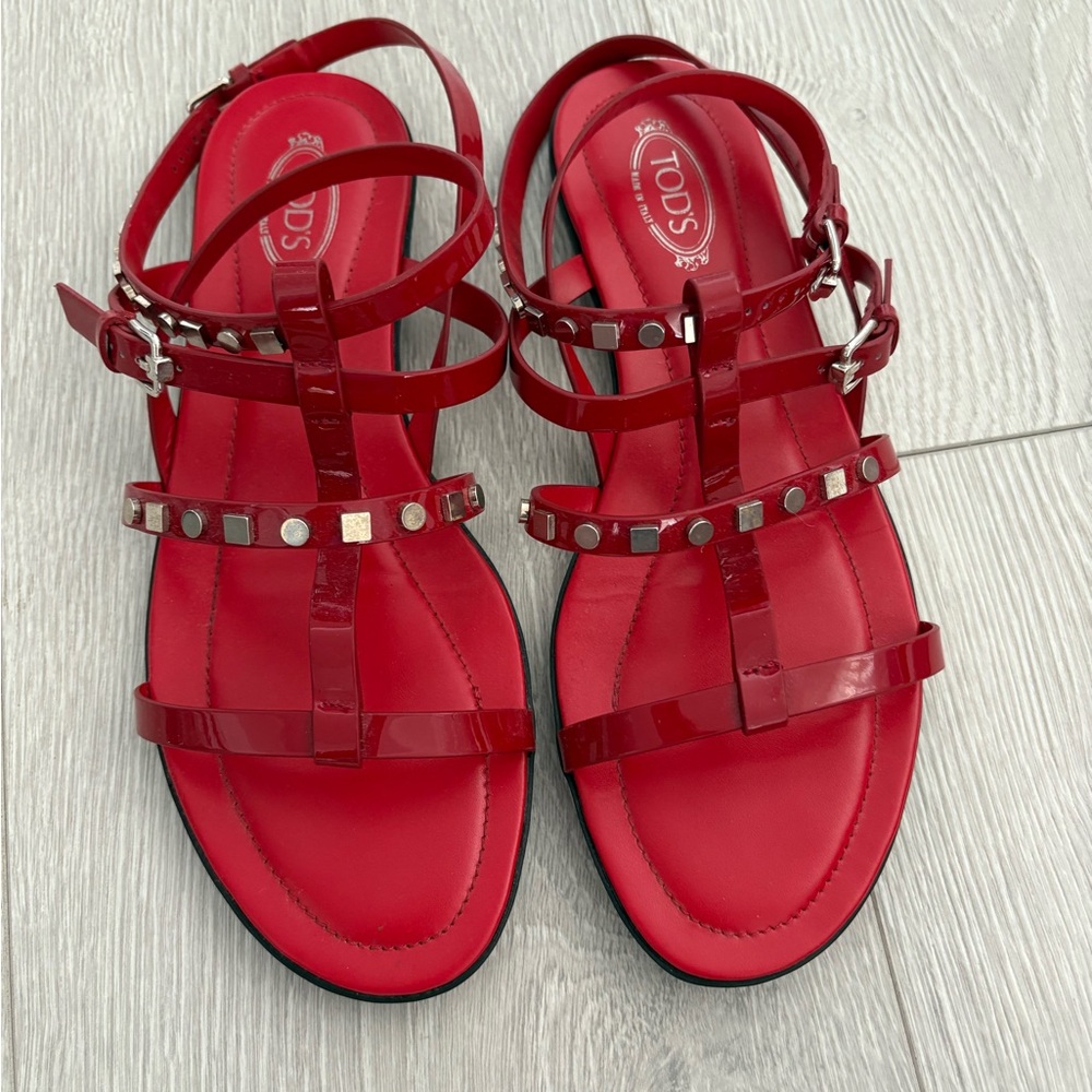Tod's Red Gladiator Sandals with Studded Straps